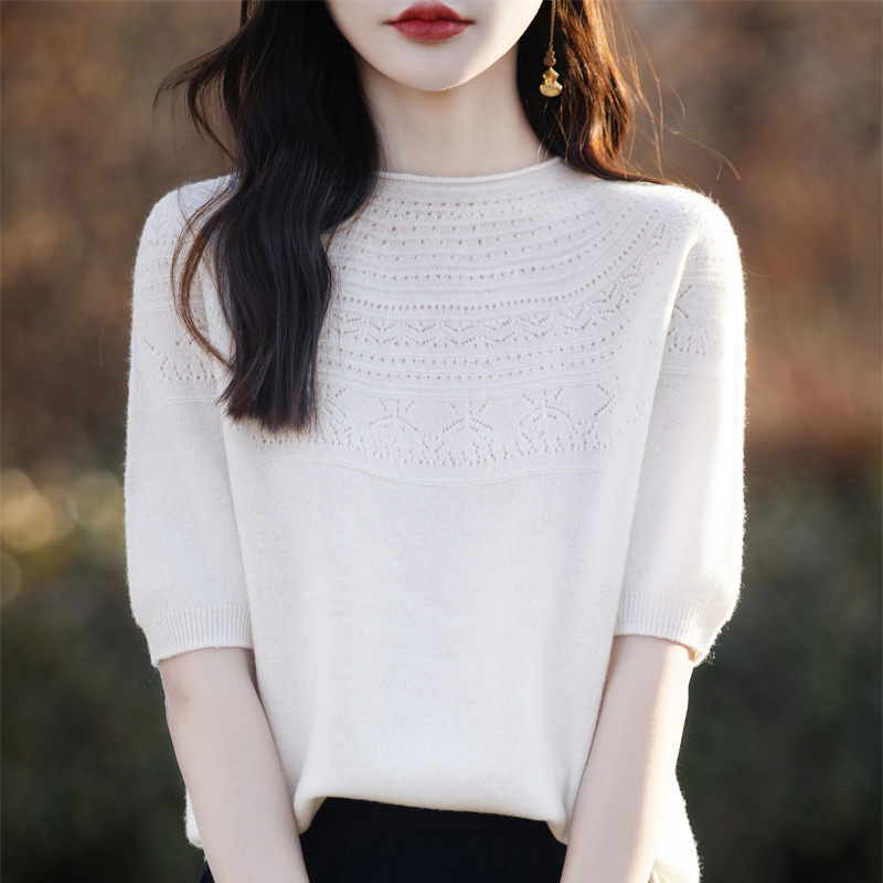 批发无缝针织短袖女2025春夏季新款宽松套头毛衣大码圆领镂空短袖