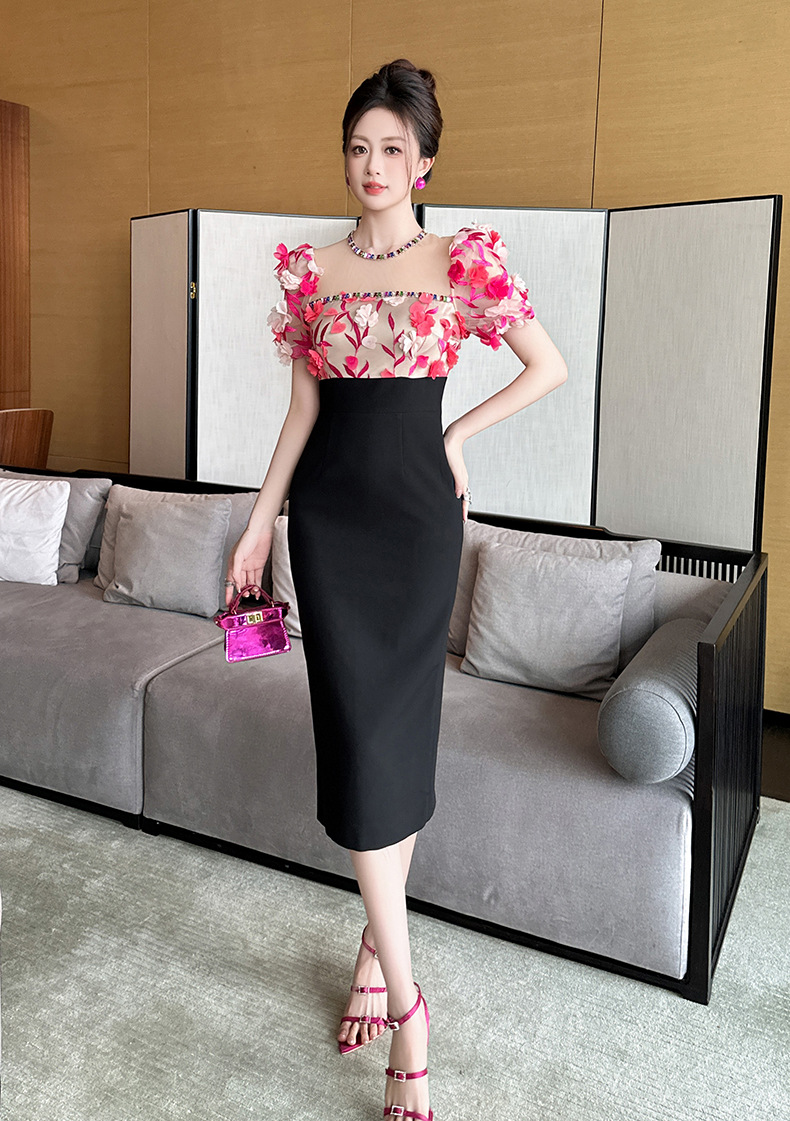Váy liền nữ tay ngắn thắt eo cổ vuông kiểu Pháp phong cách Hepburn ôm hông — Màu đen chi tiết 4