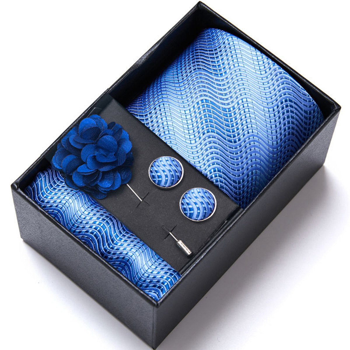 男性の新しい青いストライプのプリントネクタイのスカーフのカフスの胸の花のギフトボックスの包装の贈り物の佳品は祝日に適します。