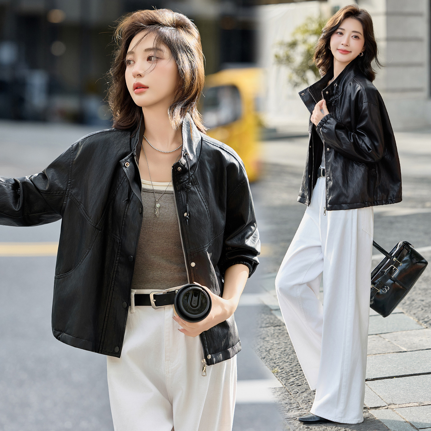 Counter Sheepskin Leather Jacket for Women 2025 Autumn and Winter New High-End Drawstring Stand Collar Motorcycle Jacket Versatile Short Jacket