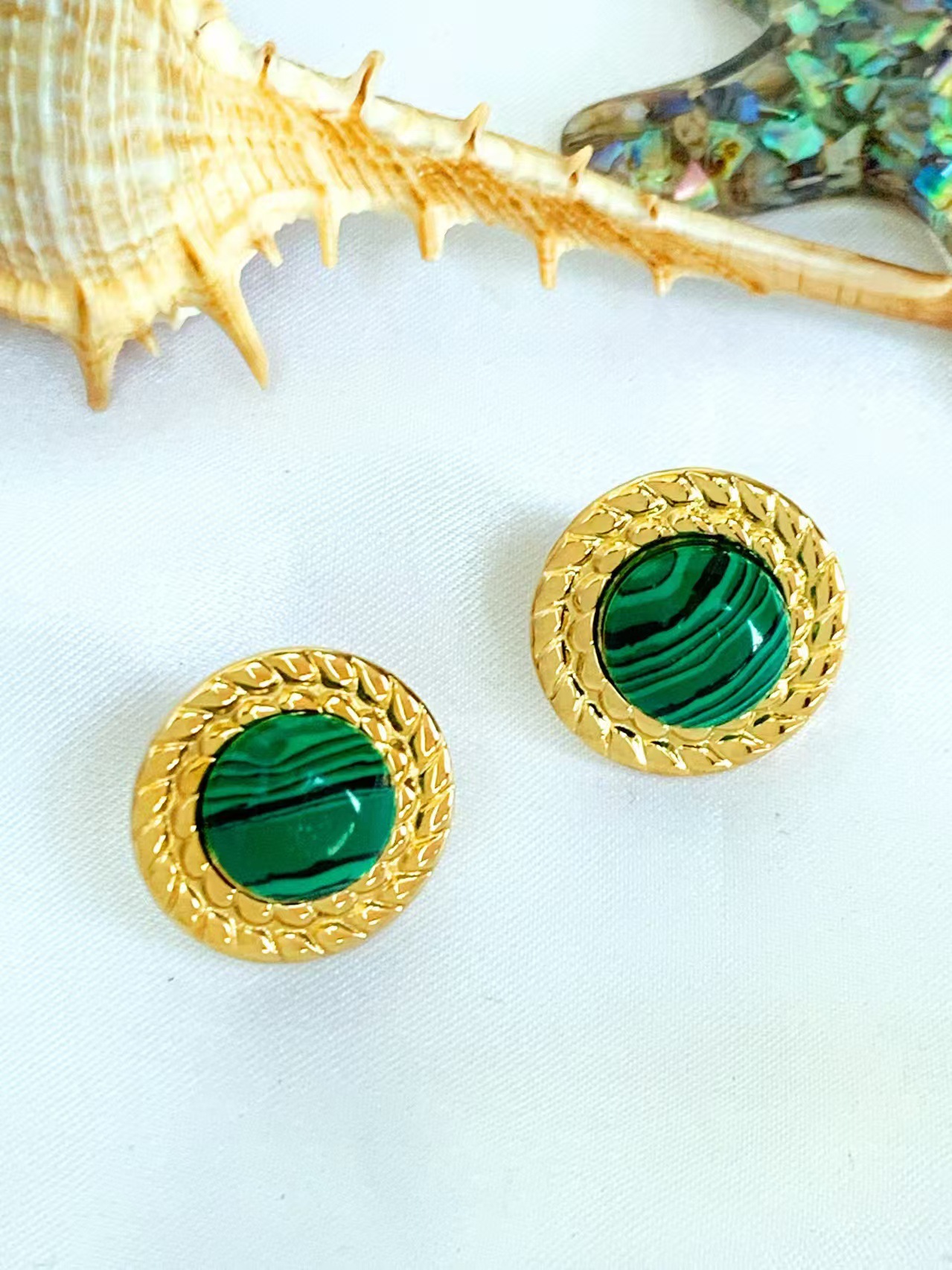 Round Pattern 1 Pair Retro Round Inlay 304 Stainless Steel Natural Stone Ear Studs