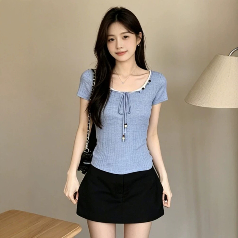 Korean-Style Textured Lace-Trimmed Short-Sleeve T-Shirt for Women, Summer Design with Ethnic Style Beading, Waist-Cinching Slimming Top