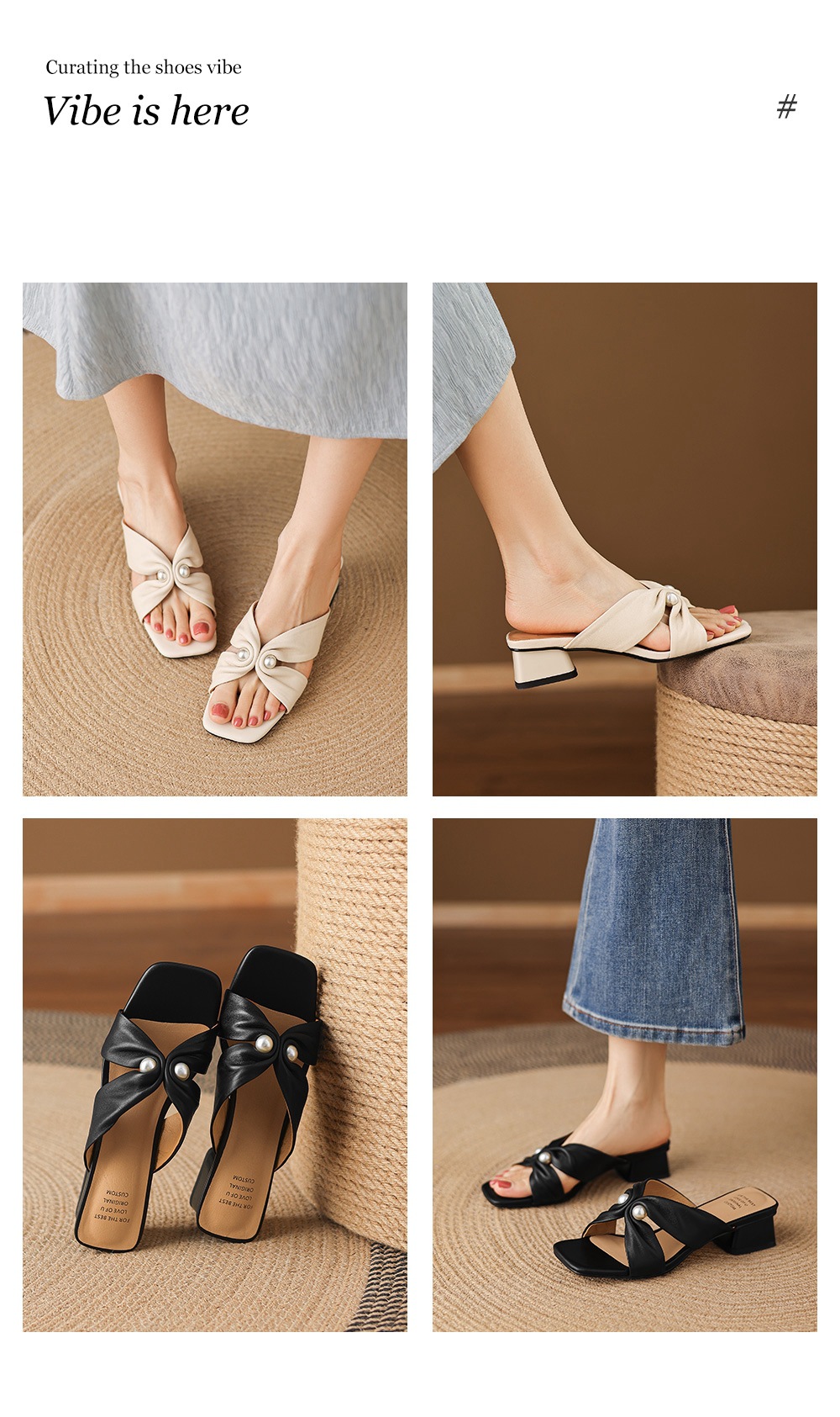 Dép sandal nữ mũi vuông hở ngón, da dê mềm, gót thấp, nơ bướm ngọc trai — đen chi tiết 4