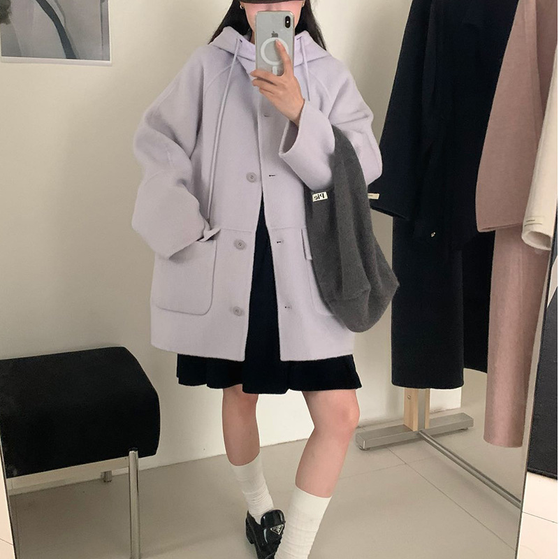 2025秋冬新款双面羊绒大衣女连帽抽绳韩系宽松小个子羊毛呢外套|undefined