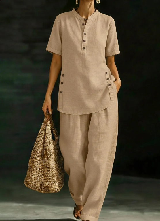 New Women's Linen Two-Piece Set American Style Comfortable Casual Button Up Shirt With Wide Leg Pants_ecoleips.com