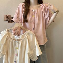 2-300斤特大码韩系圆领泡泡袖扣衬衫女夏季新款宽松遮肉显瘦上衣