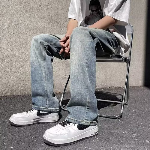 Vintage Wash Waterfall Spring and Autumn Season Street Smart Versatile Men's Vibe Style Loose Drape Legging Jeans