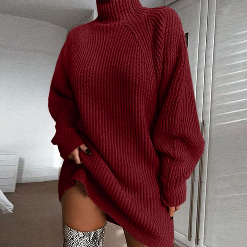 Vestido suéter de punto de media longitud con manga raglán y cuello medio alto, novedad de comercio exterior otoño-invierno 2026