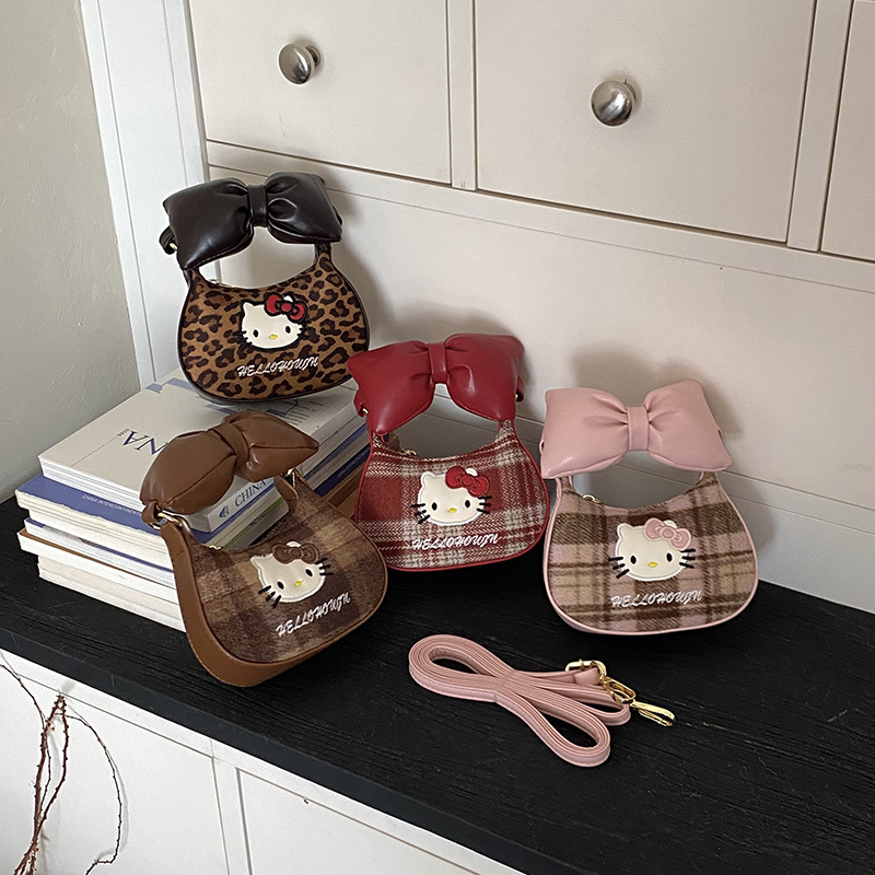 Children's leopard print cute bowknot cartoon coin purse, mini plaid retro autumn/winter new style crossbody bag for girls, trendy