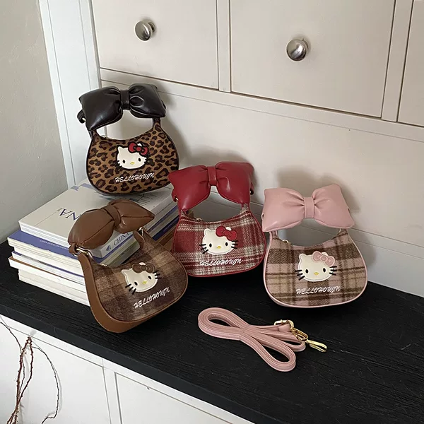 Children's leopard print cute bowknot cartoon coin purse, mini plaid retro autumn/winter new style crossbody bag for girls, trendy
