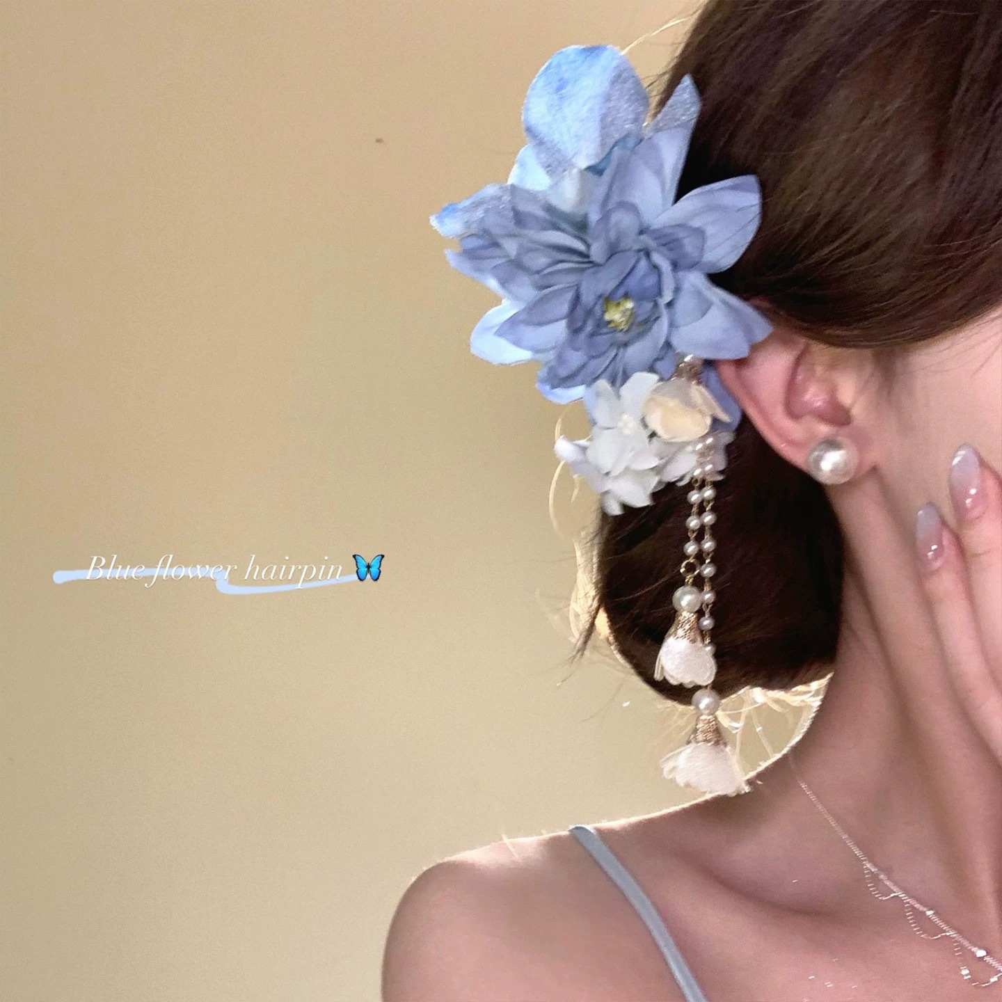 2# blue flower tassel hairpin