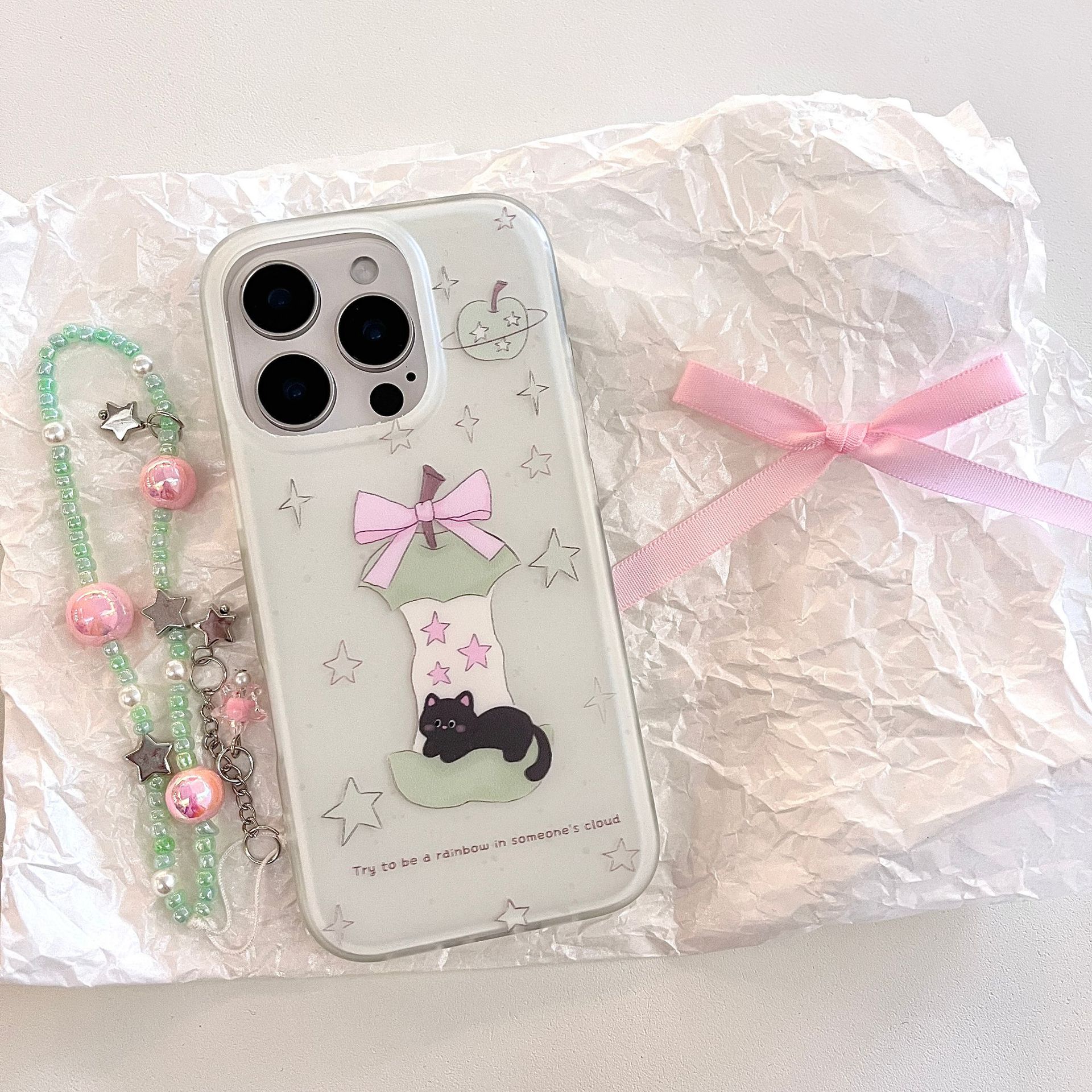 Coreano pequeña estrella fresca manzana núcleo gato negro para Apple 16ProMax funda para teléfono móvil cadena 15Pro 14/13