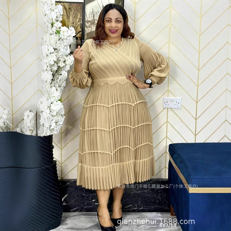 Miyakidress Miyake Pleated Dress French Mesh Splicing Long-Sleeved Lace Pleated Skirt Large Size New Style