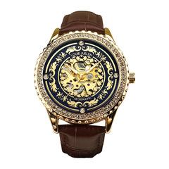 Internet-celebrity livestream: Men's Diamond-Inlaid, Hollow-Out, Automatic Mechanical Watch – Casual Leather-Strap Men's Mechanical Timepiece