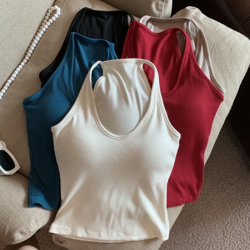 American-style Sleeveless U-neck Hanging Neck Vest with Chest Pad Casual Commuter Camisole Outer Wear Base All-match Top for Women