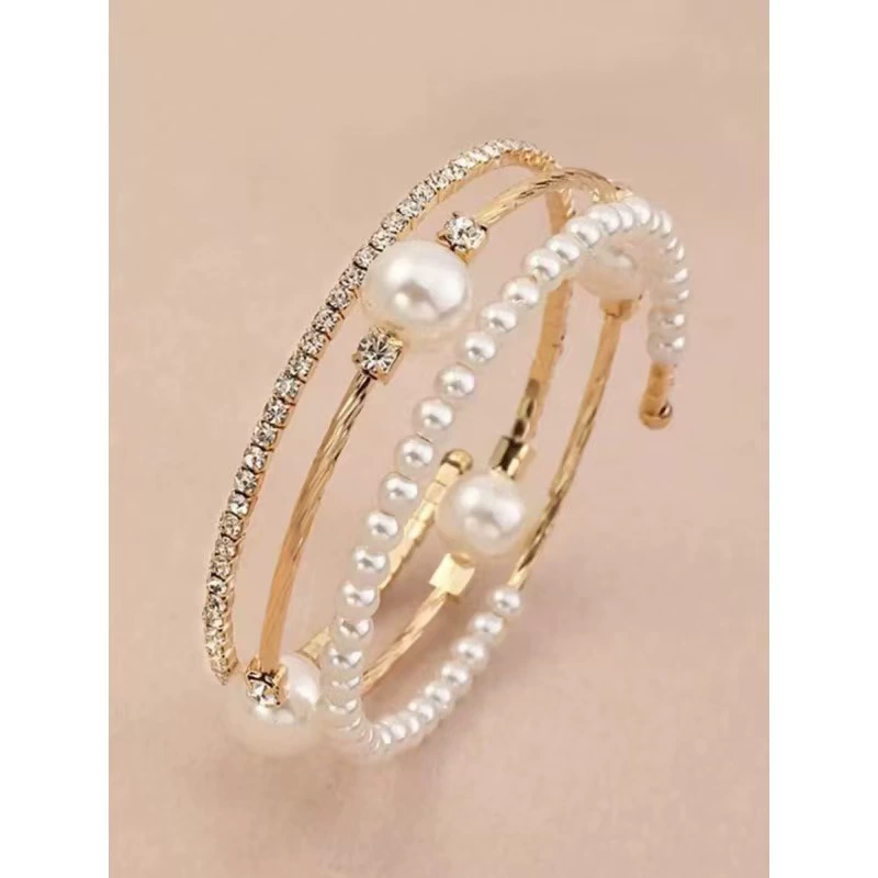 Трансграничный хит продаж, эластичный браслет с бриллиантами, европейский и американский 3-слойный пружинный браслет для женщин, браслет с жемчугом и кристаллами, стразами, теннисная цепочка