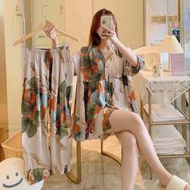 【定制】睡衣棉绸套装春夏女中袖开衫两件套外穿居家大码和服居家