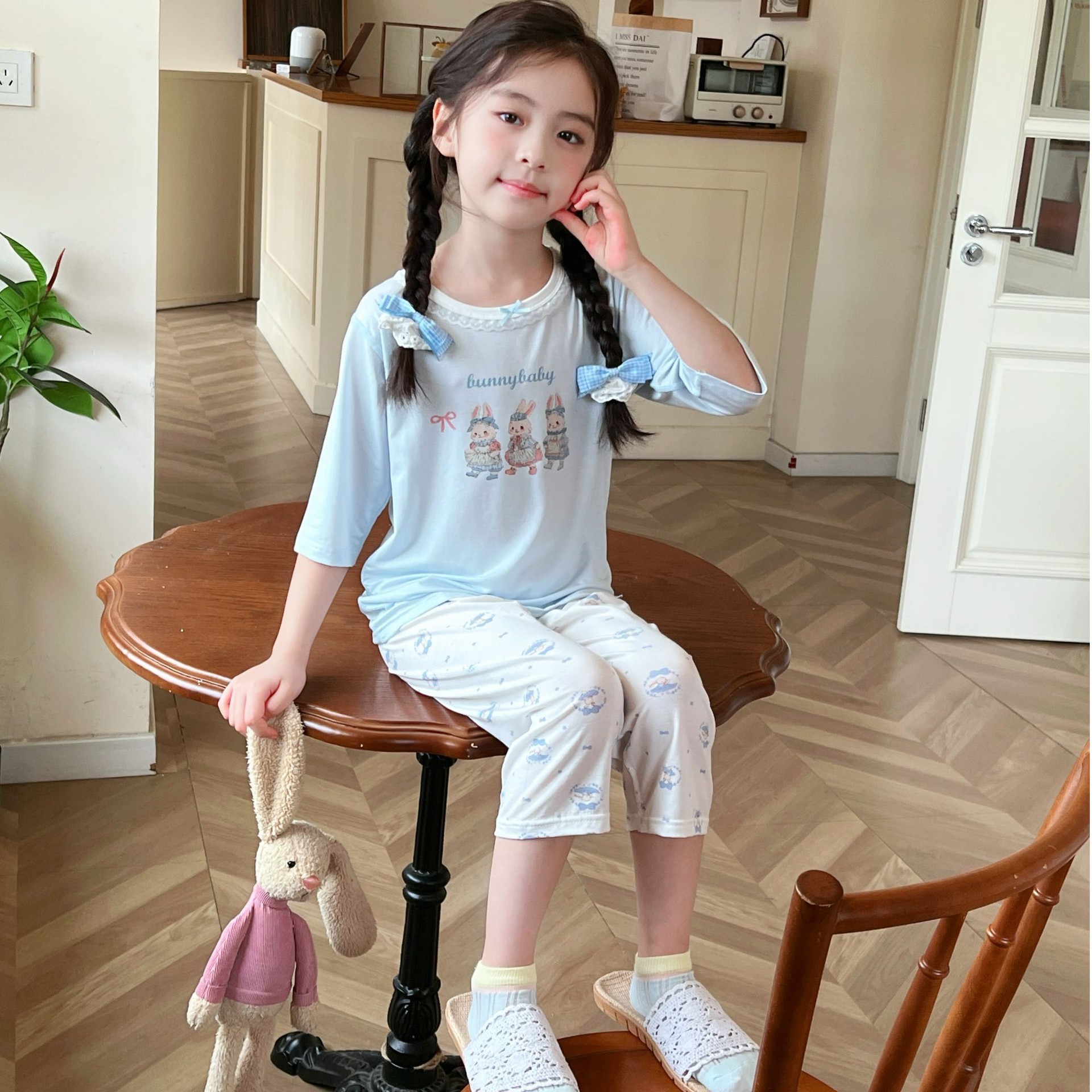 Pijamas para niños, traje de manga tres cuartos de Yasser, ropa de aire acondicionado para bebés de encaje fino de verano