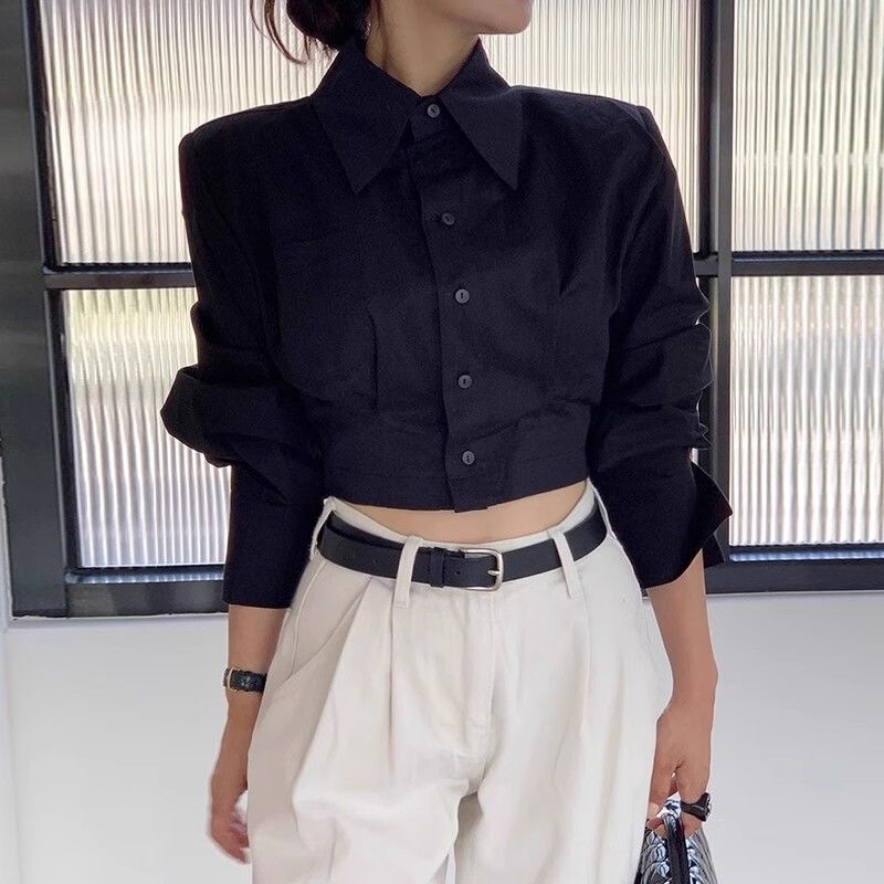 Korean Chic Autumn Niche Design Lapel Shirt with Back Cutout, Tie-Up Buttons, Loose Fit, Versatile Short Shirt for Women