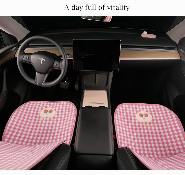 Plaid Cherry Car Cushion Four Seasons Universal Linen Single Piece Goddess Seat Cover Semi-enclosed Breathable Summer Day