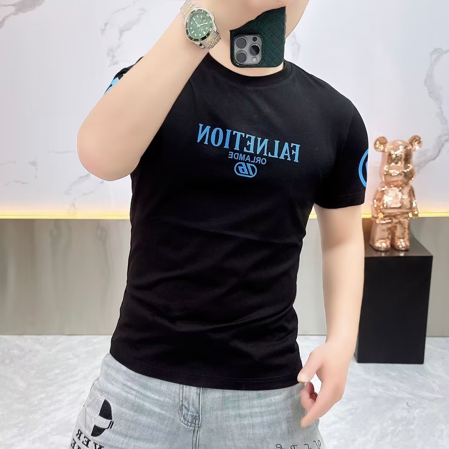 2025 Summer New Men's European Fashion Brand Letter Short-Sleeved T-Shirt Slim Fit Versatile Round Neck Half-Sleeve