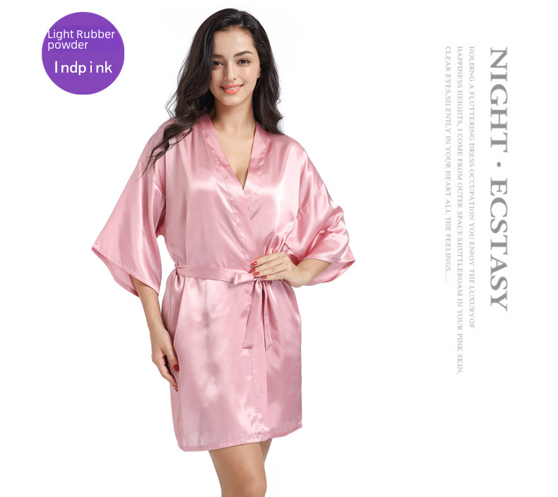 Cross-border Women's Twisted Sade Nightgown Bathrobe Solid Color Glossy Summer Thin Sexy Short Cardigan Gown_voghion.com