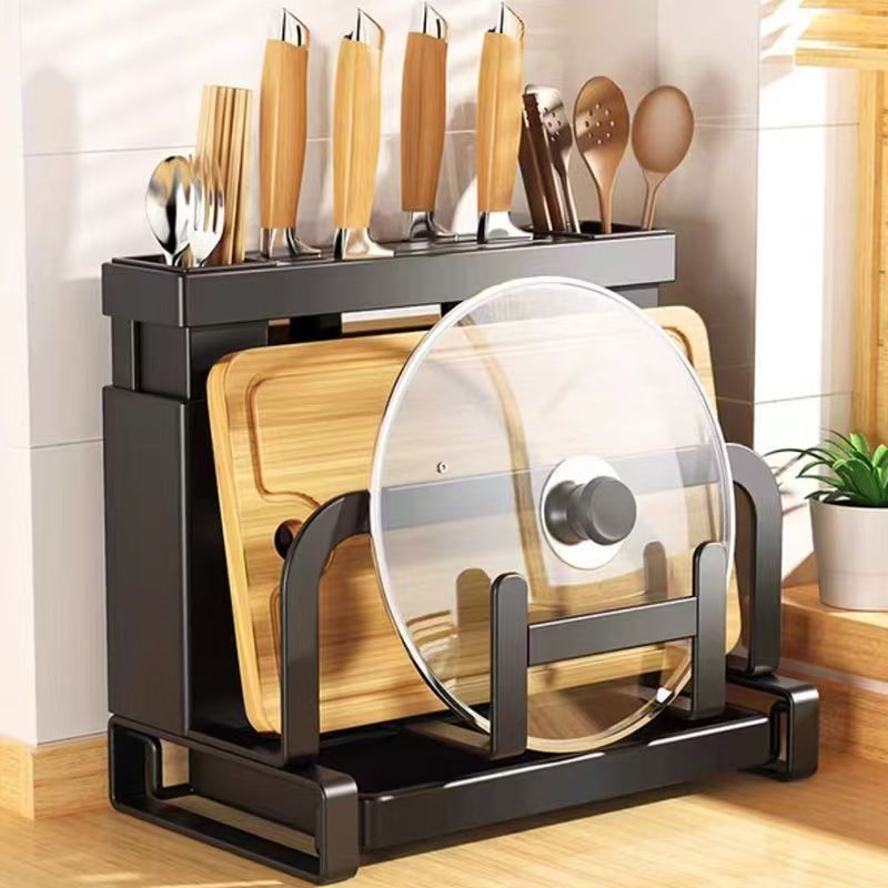 Kitchen wall-mounted shelf with double chopstick holders, knife rack, ventilated and draining pot lid and knife storage, multifunctional cutting board rack