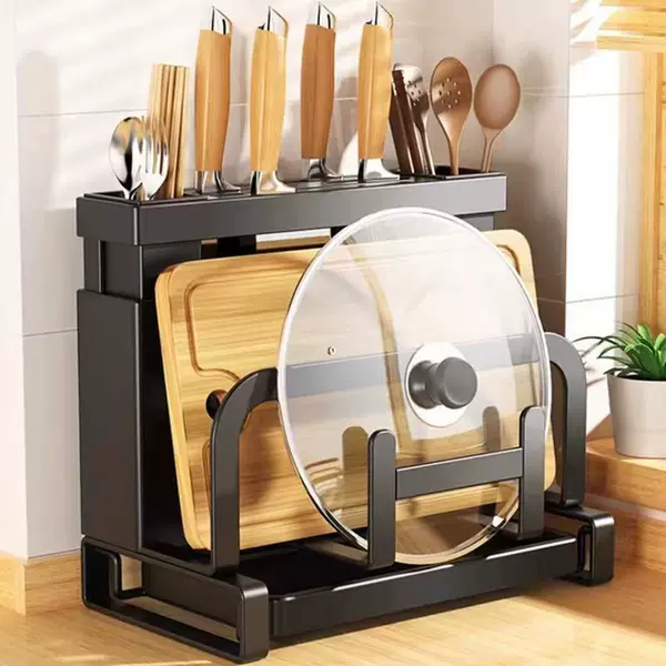 Kitchen wall-mounted shelf with double chopstick holders, knife rack, ventilated and draining pot lid and knife storage, multifunctional cutting board rack