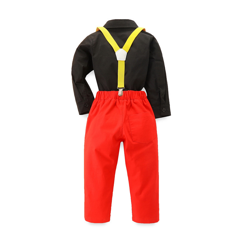 Terno infantil moderno, cor contrastante, camisa preta + macacão, calça vermelha, conjunto de 3 peças_voghion.com