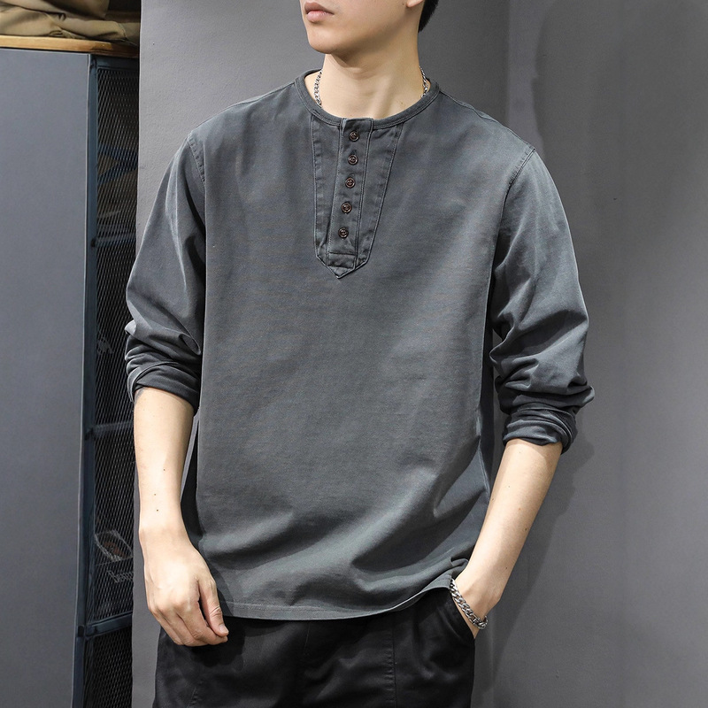 2025 New Casual Men's Pure Cotton Long-Sleeve T-Shirt, Loose Thin Style, Spring and Autumn Trendy Brand Henley Collar Base Shirt Sweatshirt 2025 New Casual Men's Pure Cotton Long-Sleeve T-Shirt, Loose Thin Style, Spring and Autumn Trendy Brand Henley Collar Base Shirt Sweatshirt