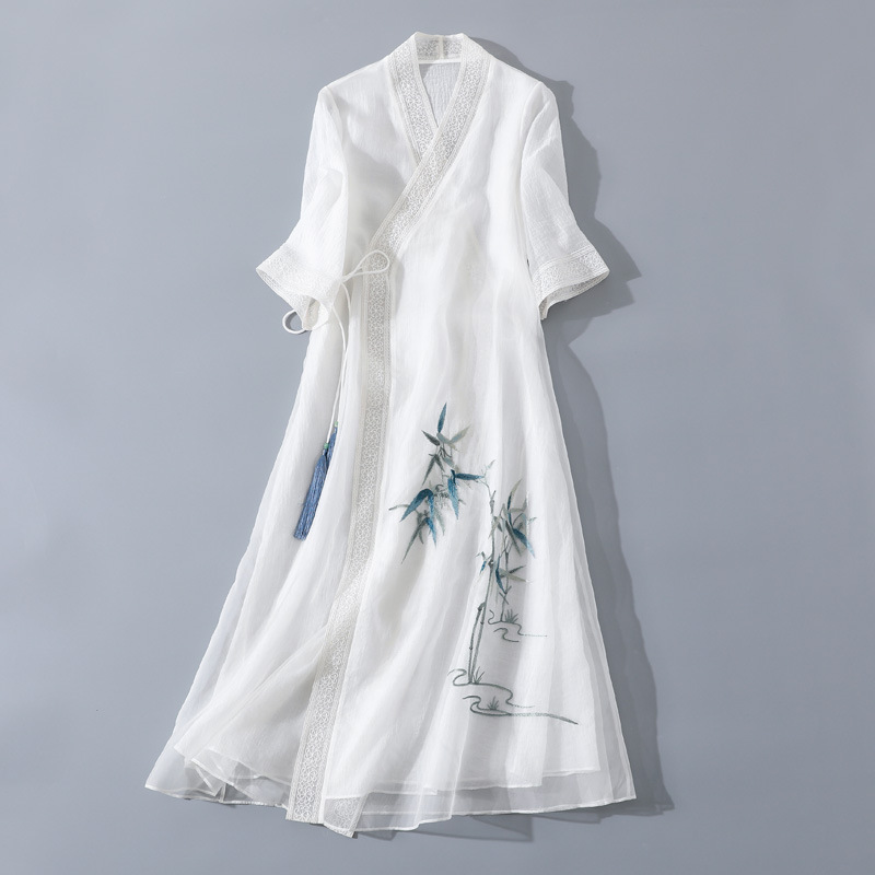 Tea Fu 2021 New Chinese style improved Hanfu skirt cross collar three-quarter sleeve Tencel jacquard cardigan dress Tea Fu 2021 New Chinese style improved Hanfu skirt cross collar three-quarter sleeve Tencel jacquard cardigan dress