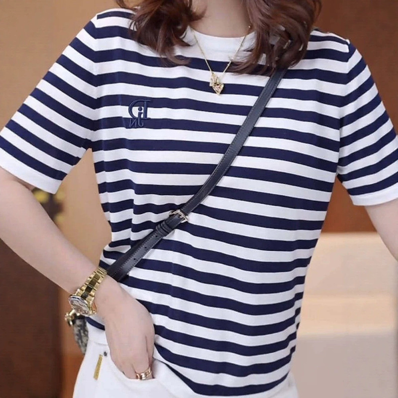 32-Count Stretch High-End Pure Cotton Striped Top for Women, Slimming and Versatile, Casual Thin Short-Sleeve Round-Neck T-Shirt 32-Count Stretch High-End Pure Cotton Striped Top for Women, Slimming and Versatile, Casual Thin Short-Sleeve Round-Neck T-Shirt