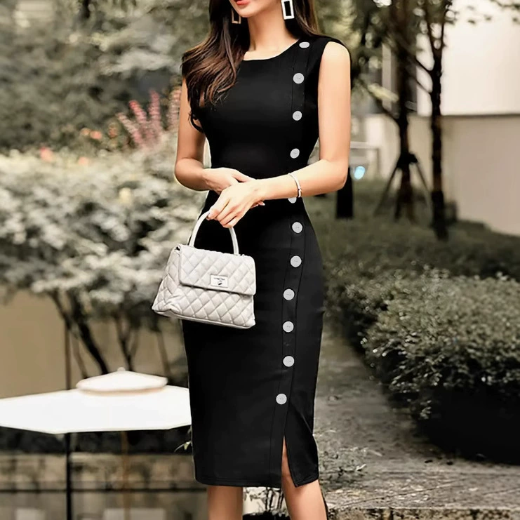 2025 трансграничное европейское и американское женское элегантное черное платье с круглым вырезом и несколькими пуговицами