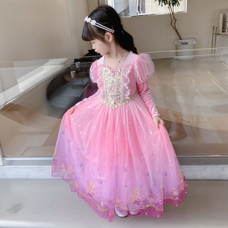 Long hair princess dress girls' spring/autumn/winter fleece-lined dress children's Elsa dress pink cross-border children's clothing