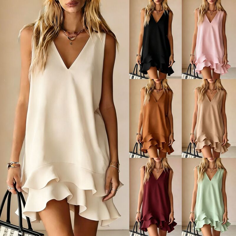 2026 New European and American Style Internet Celebrity Hot-Selling Amazon Cross-Border V-Neck Sleeveless Loose Ruffle Dress 2026 New European and American Style Internet Celebrity Hot-Selling Amazon Cross-Border V-Neck Sleeveless Loose Ruffle Dress
