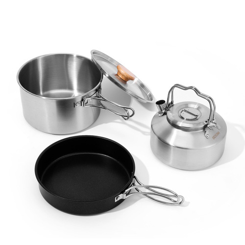 Outdoor 304 stainless steel three-piece pot portable camping cookware non-stick frying pan kettle cooking pot camping set pot