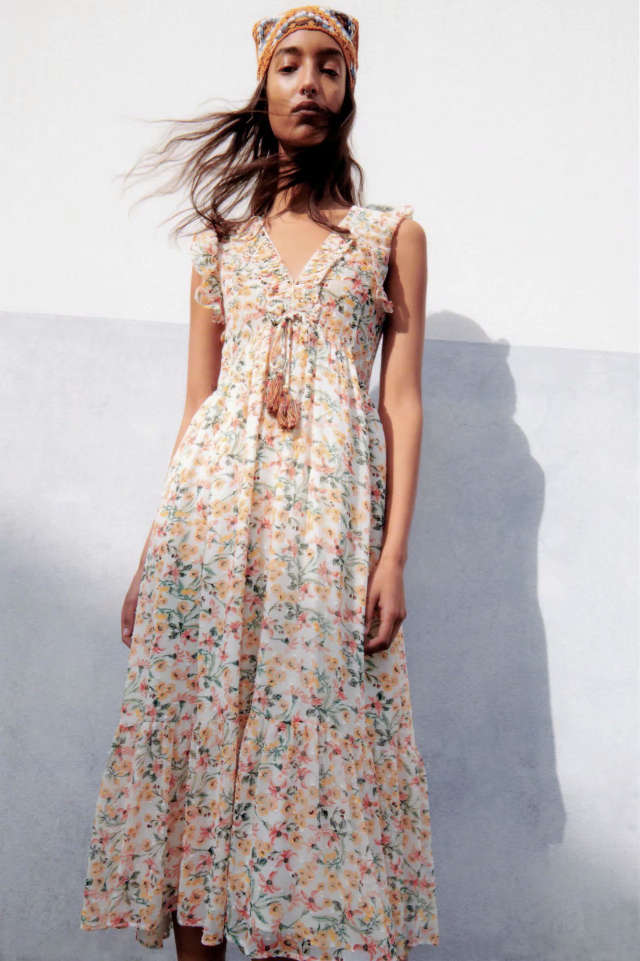 printed high-waist sleeveless V-neck lace-up A-line long dress NSAM54624