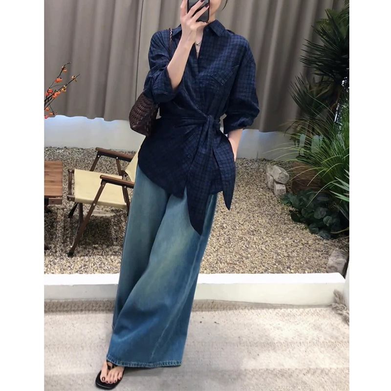 蓝色格纹收腰衬衫女高级感轻奢减龄洋气又a又飒冷淡系设计感上衣|undefined