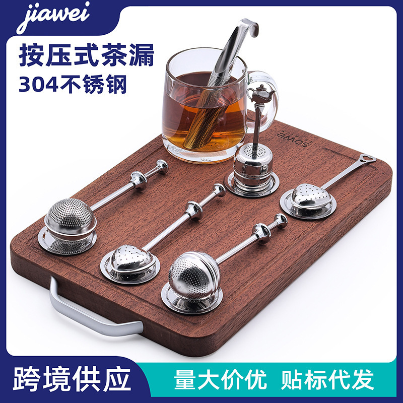304 Stainless Steel Push-Type Tea Filter Heart-Shaped Retractable Tea Strainer Anti-Scald Handle Pipe-Shaped Tea Infuser in Stock