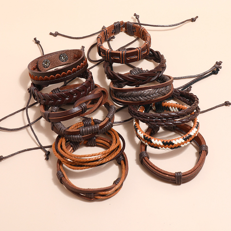 retro cowhide woven bracelet combination 12-piece set