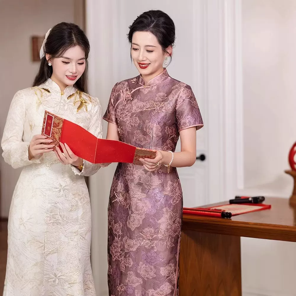 夏季新款中式立领改良妈妈旗袍开叉设计显瘦典雅旗袍礼服婚宴小众