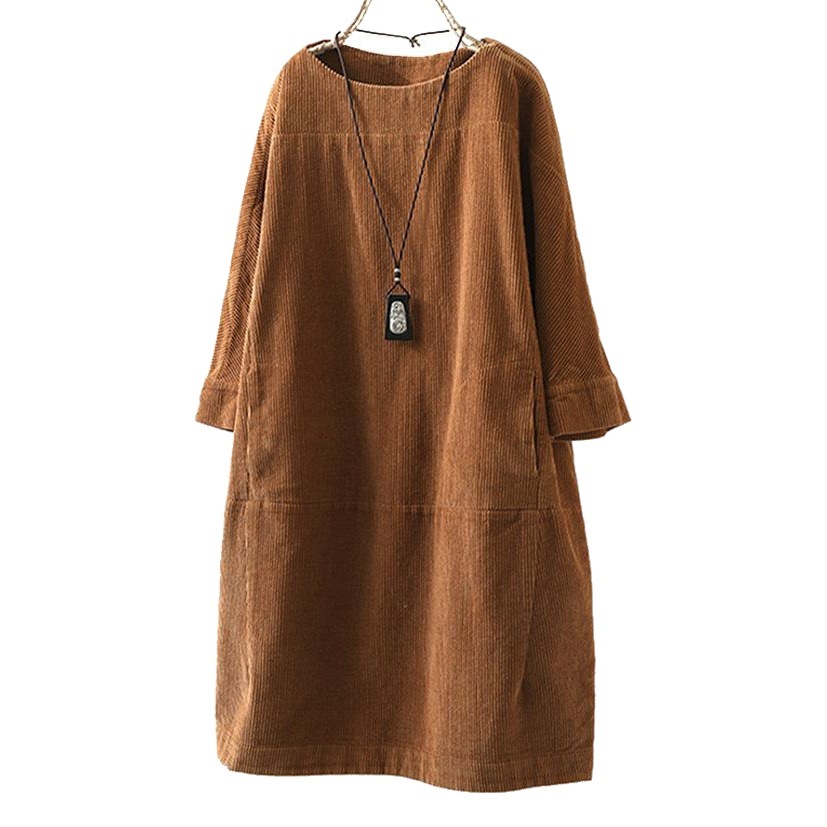 Mia's New Autumn and Winter Corduroy Retro Casual Pure Color Dress Loose Dress Fat Sister Women's Clothing