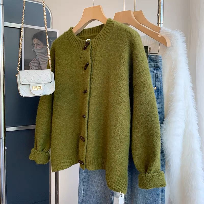 Women's Clothing Early autumn retro soft round neck sweater knitted cardigan jacket women's spring and autumn lazy style tops new hot style_voghion.com