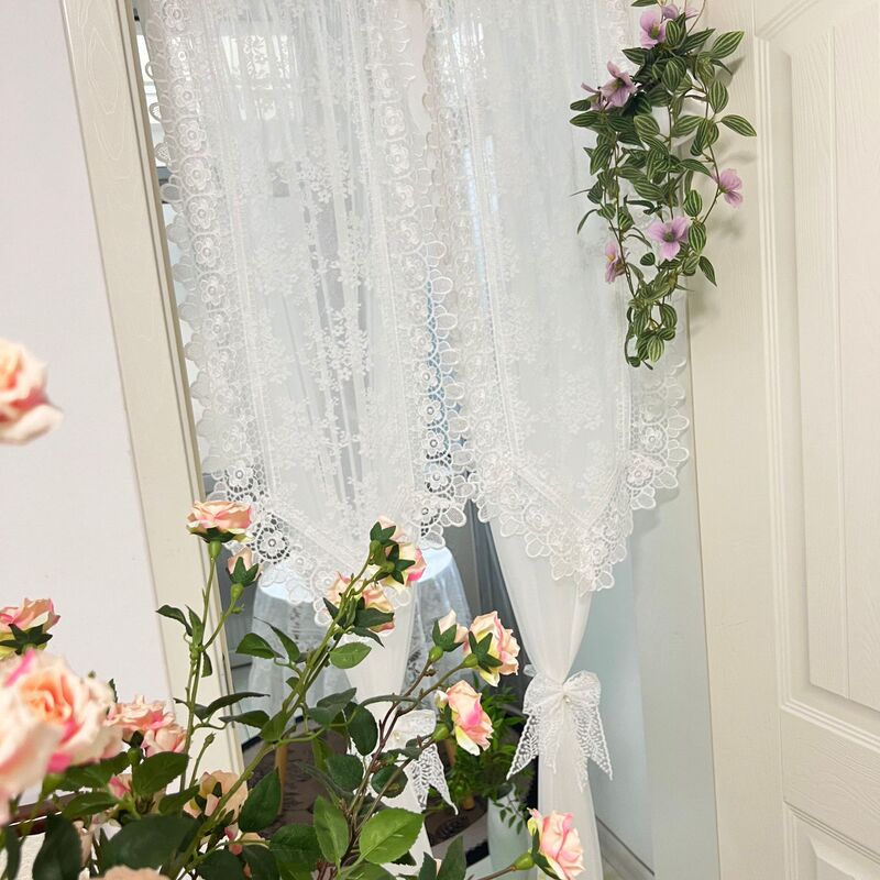 No-Punch French Lace Door Curtain Partition Curtain for Kitchen and Bedroom, Long White Sheer Curtain with Rod, Small Curtain
