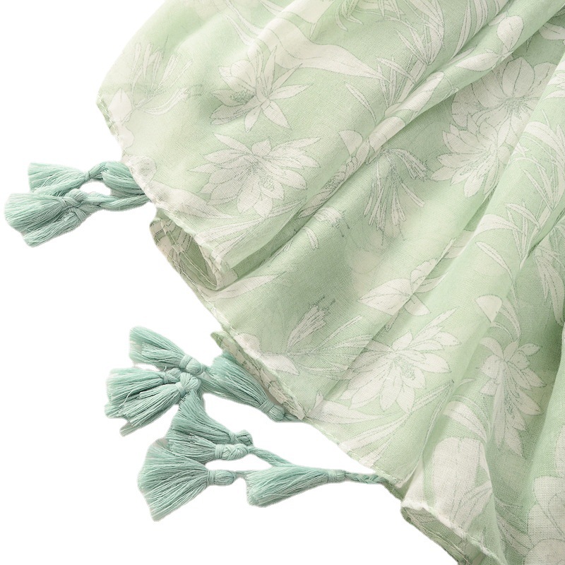Fresco suave liso algodón y lino sentir bufanda verde flor larga borla grande viajes protector solar Toalla de playa