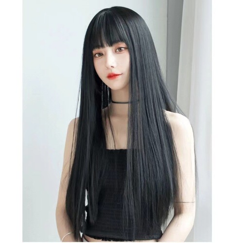 Female Korean wig with long black hair, soft style, realistic full head cover, Japanese influencer air bangs, temperament face-hugging wigs