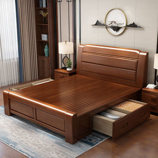 All Solid Wood Double Bed Storage Large Bed Manufacturer Direct Sales Chinese Style Simple Master Bedroom Log Furniture