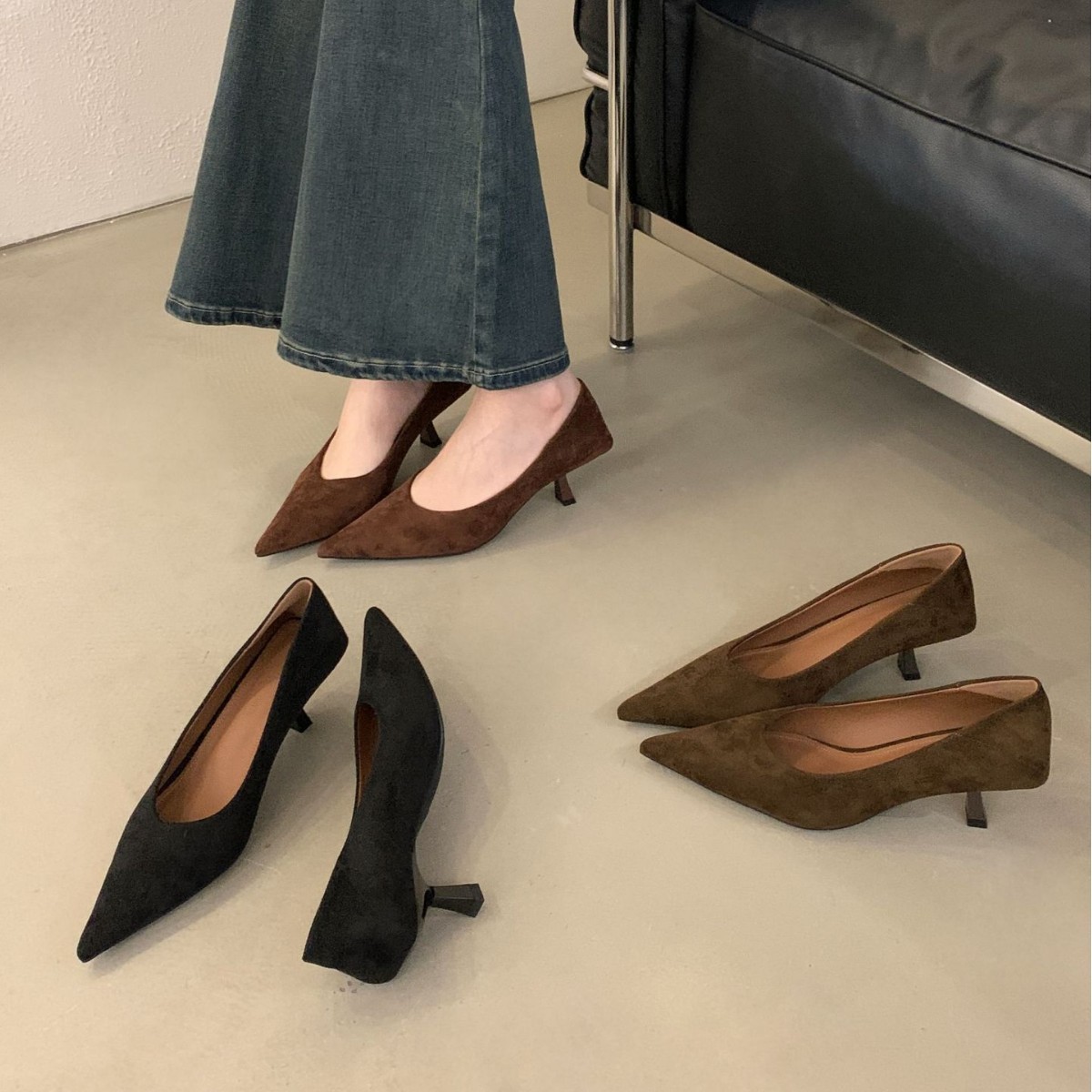 [Tax Not Included] 2025 New Korean Style Pointed-Toe Suede Slip-On Professional Commuting Versatile Women's Shoes