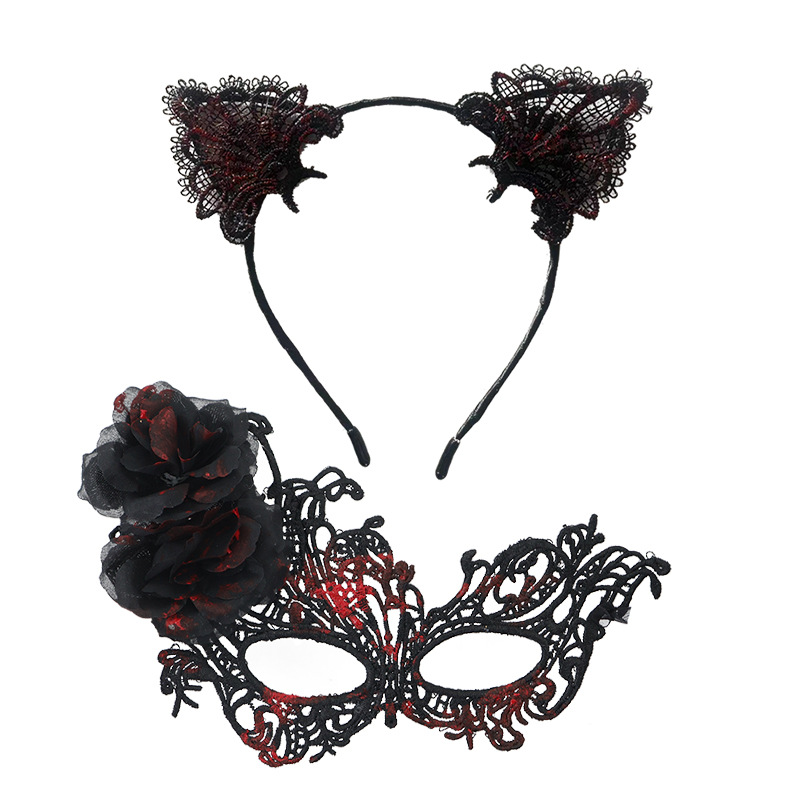 Halloween nueva máscara de encaje de rosa caliente misteriosa sexy mitad cara adorable gato orejas conjunto de banda de pelo