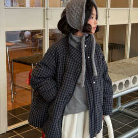 2025女童男童冬季加厚棉服韩系儿童宽松格子棉衣外套百搭立领百搭